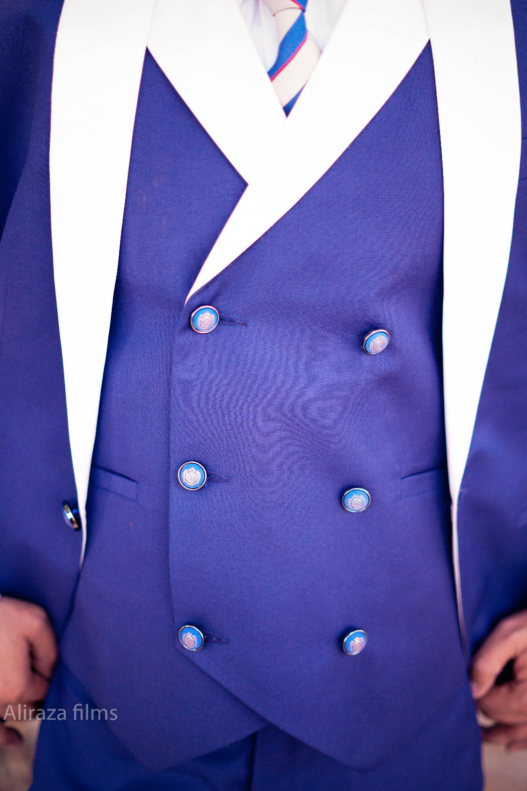 Blue 3 piece suit with white shawl lapel design