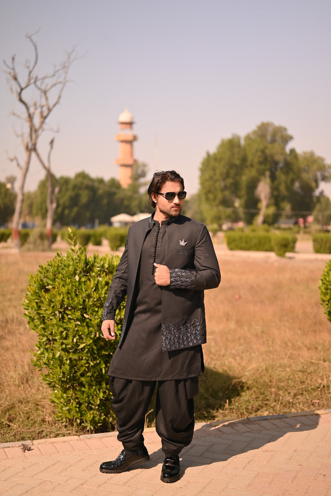 Black hand embroidary front open prince coat with loop button style kurta and shalwar