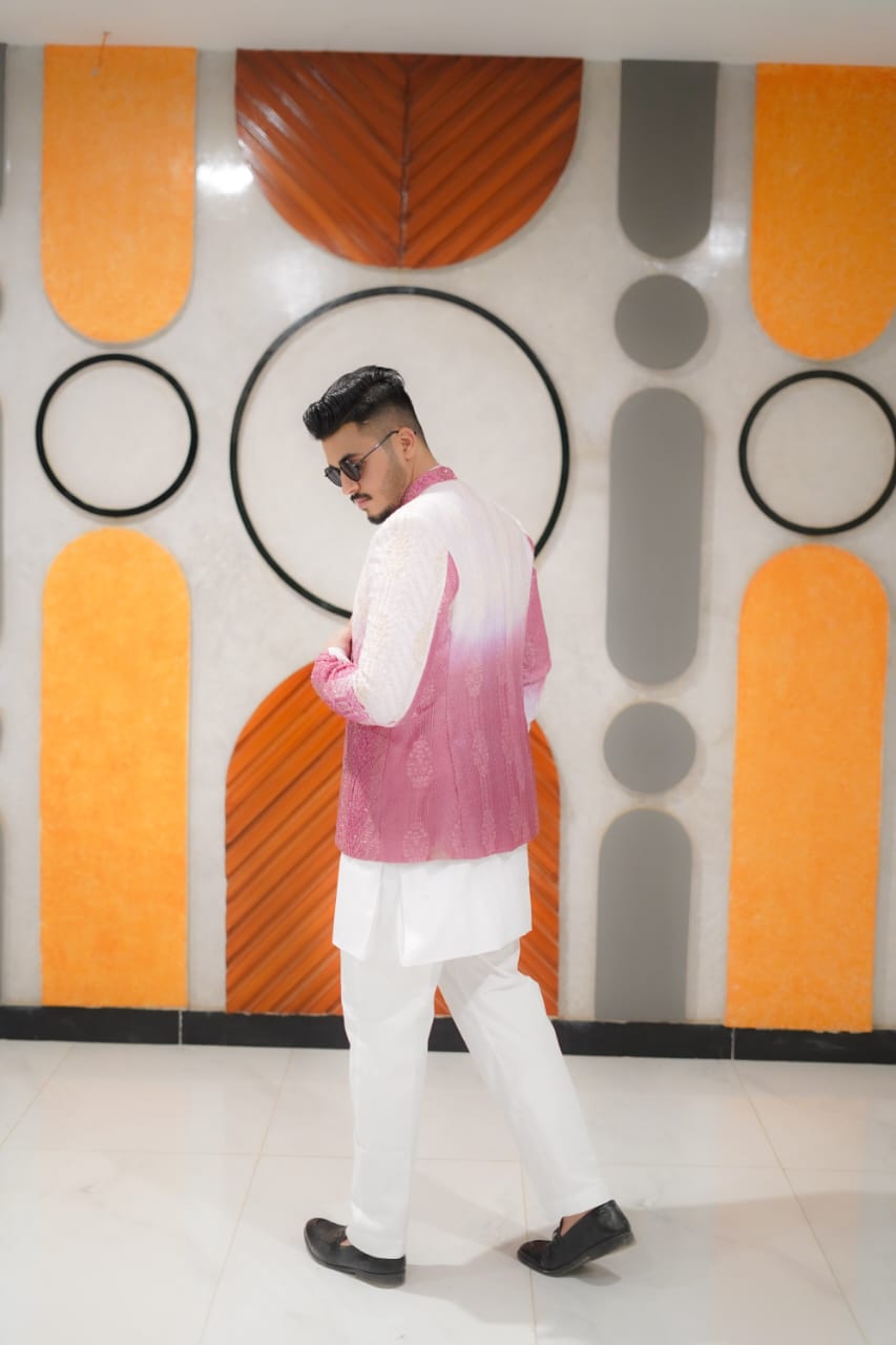 Ombre pink/ blush to white with sparkle full heavy embroidary suit