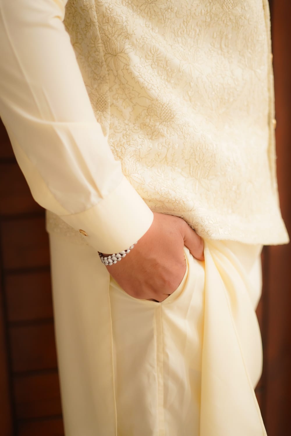 Cream and gold emboidery waist coat + kurta pajama