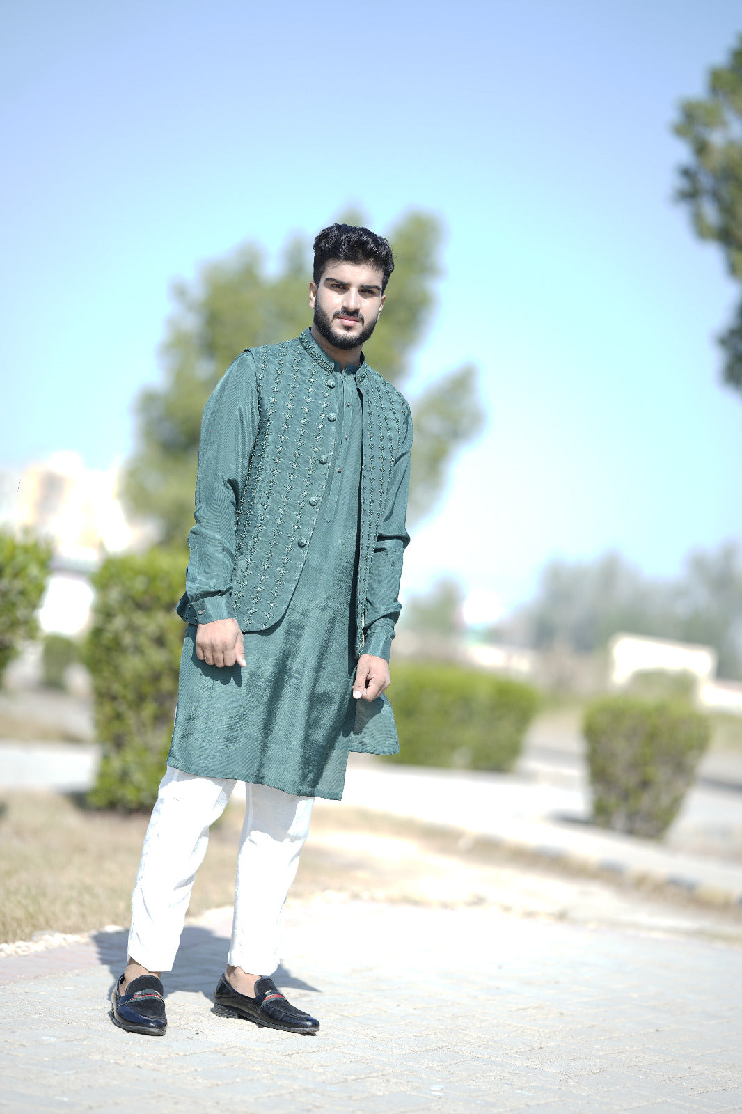 Emerald green waist coat hand Embroidary work + KURTA WHITE TROUSER