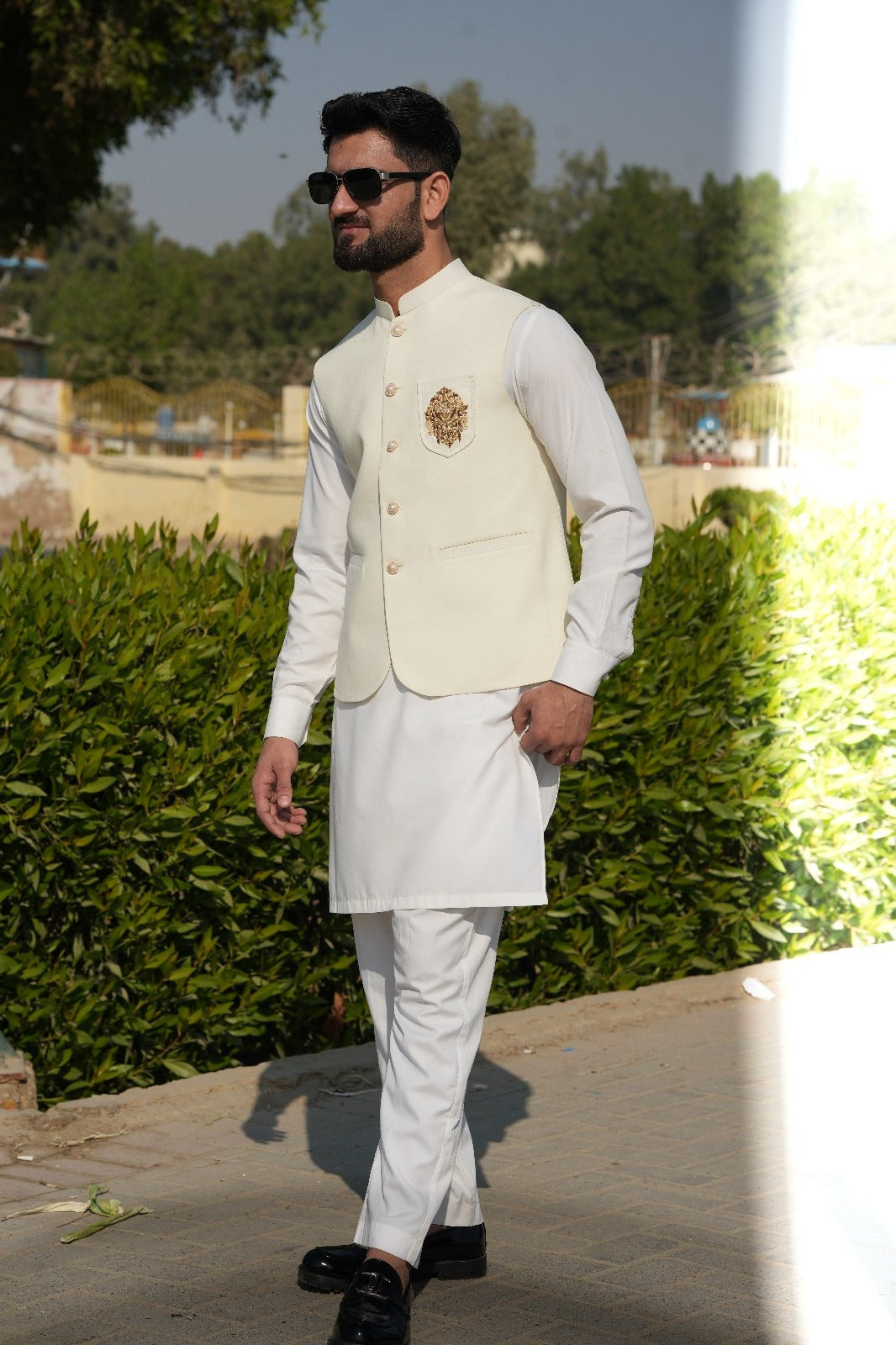 Off white suiting fabric waist coat logo style Banch with kurta pajama