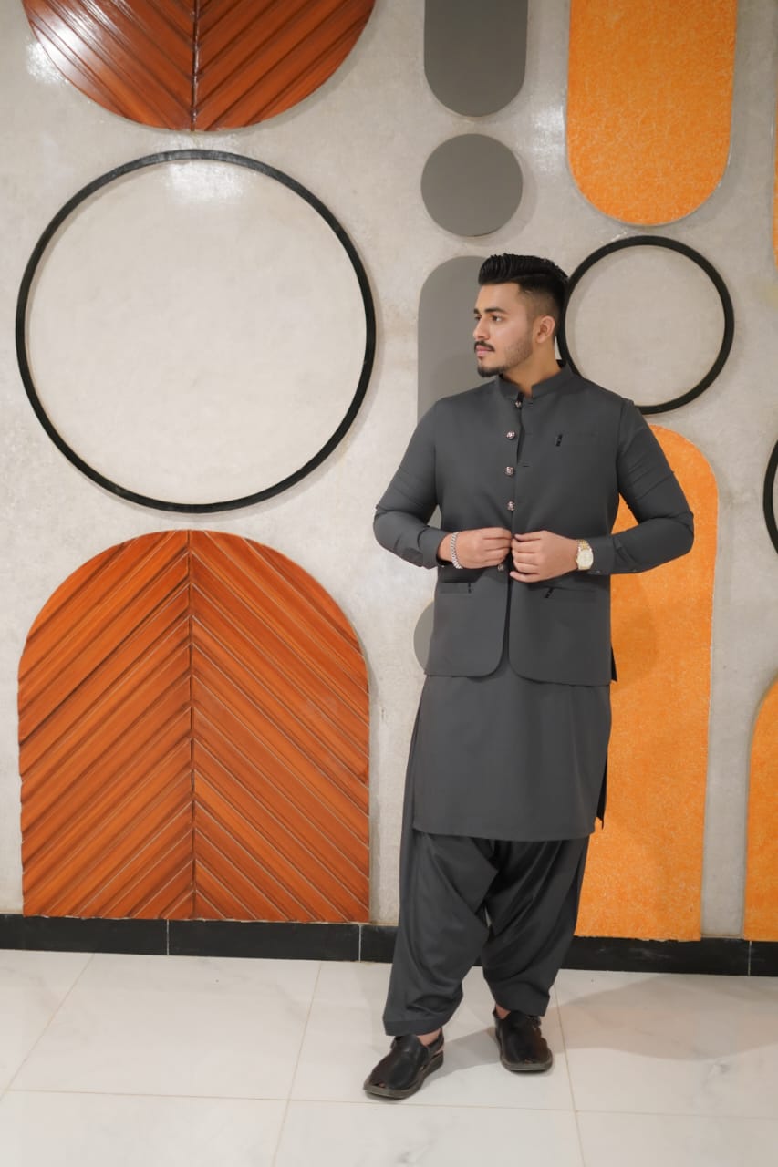 Grey waistcoat kameez shalwar designing set