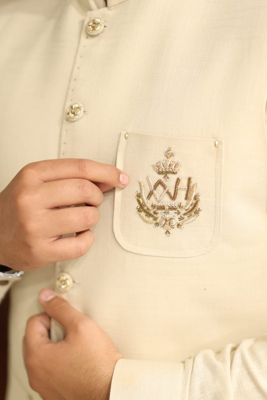Linen light biege waistcoat +kurta pajama Logo design
