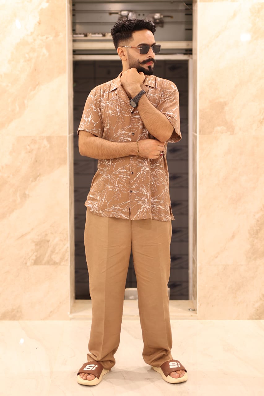 Classy brown printed shirt plain trouser