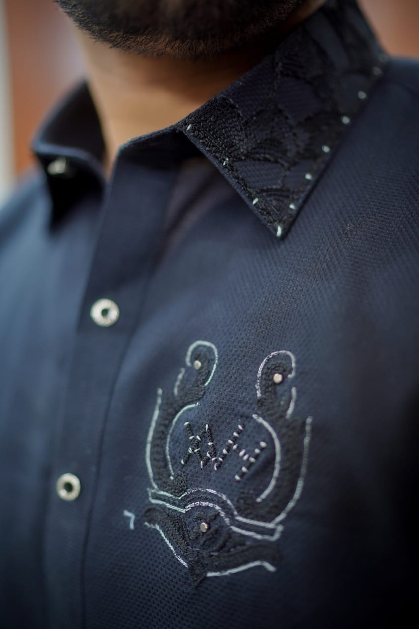 Black texture kurta trouser with hand Embroidery collar and logo