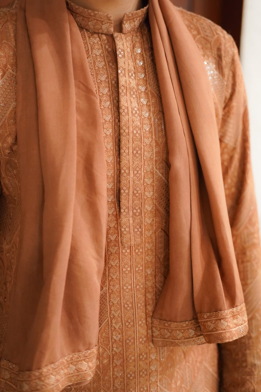 Delicious Brown sequence Embroidery Zigzag style kurta same plain trouser