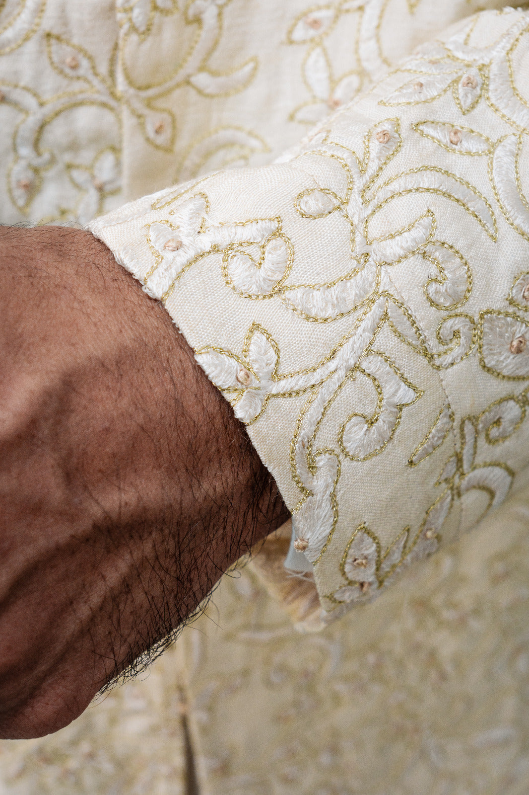 Cream mixture soft gold hand embroidery touch prince coat with off white kurta pajama