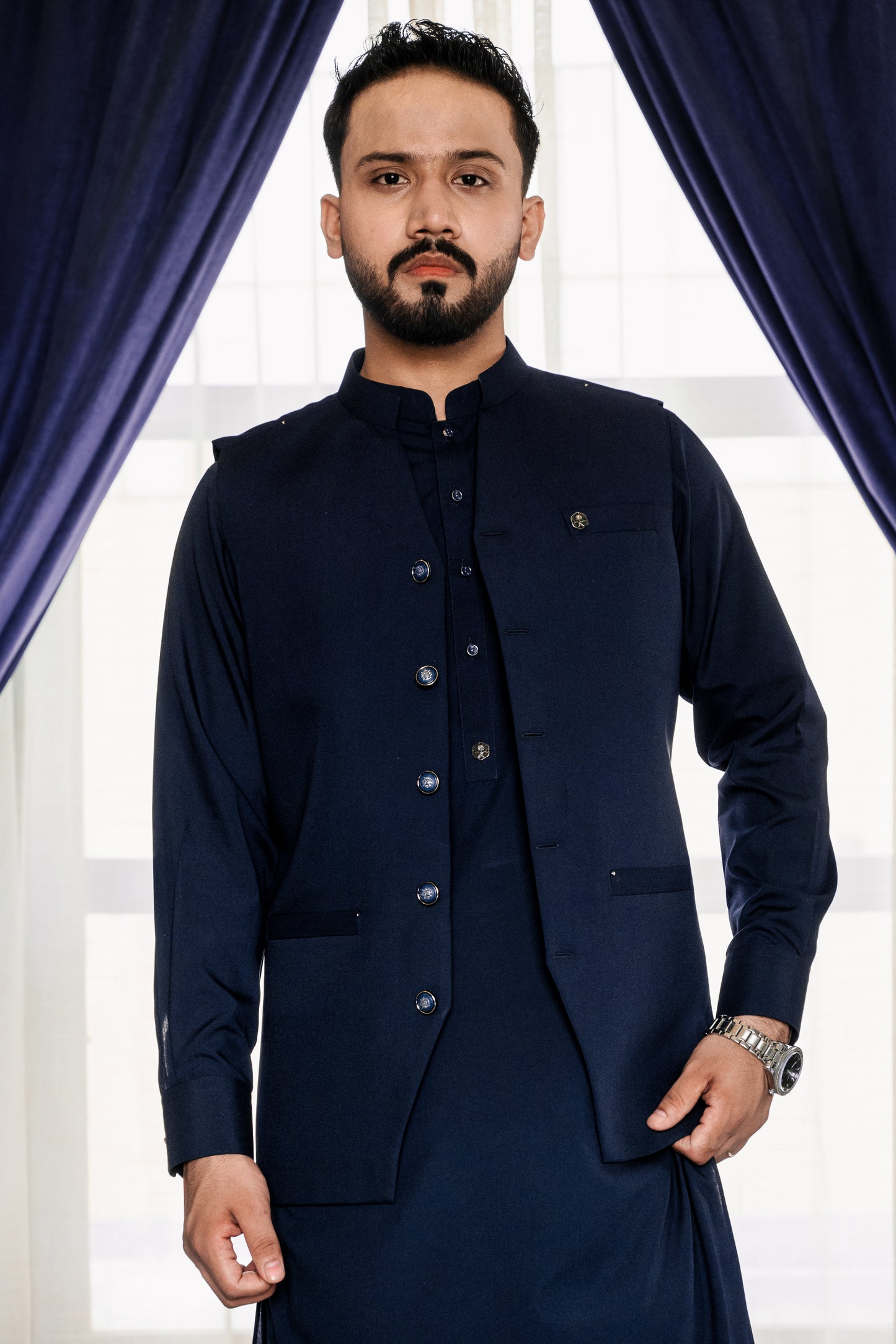 Blue waistcoat + kameez shalwar dress with decent design