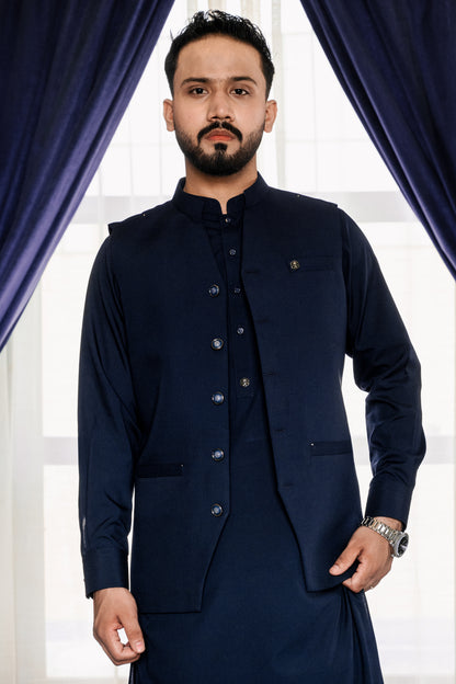 Blue waistcoat + kameez shalwar dress with decent design