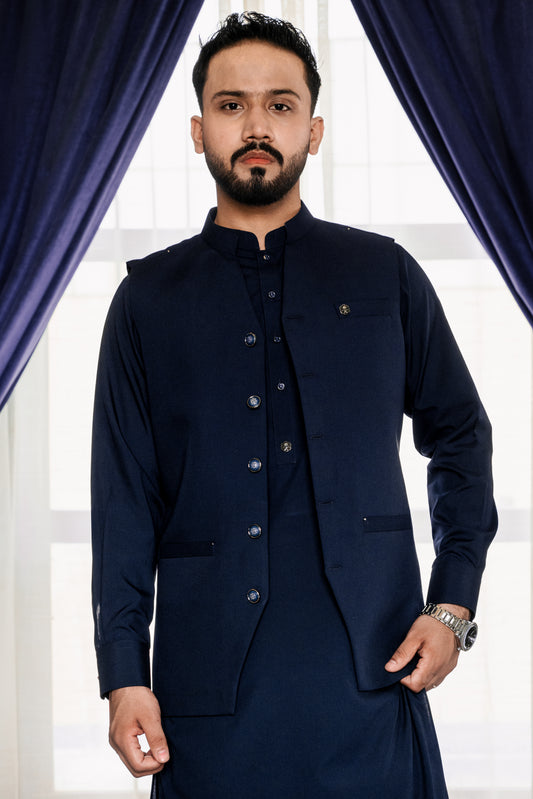 Blue waistcoat + kameez shalwar dress with decent design