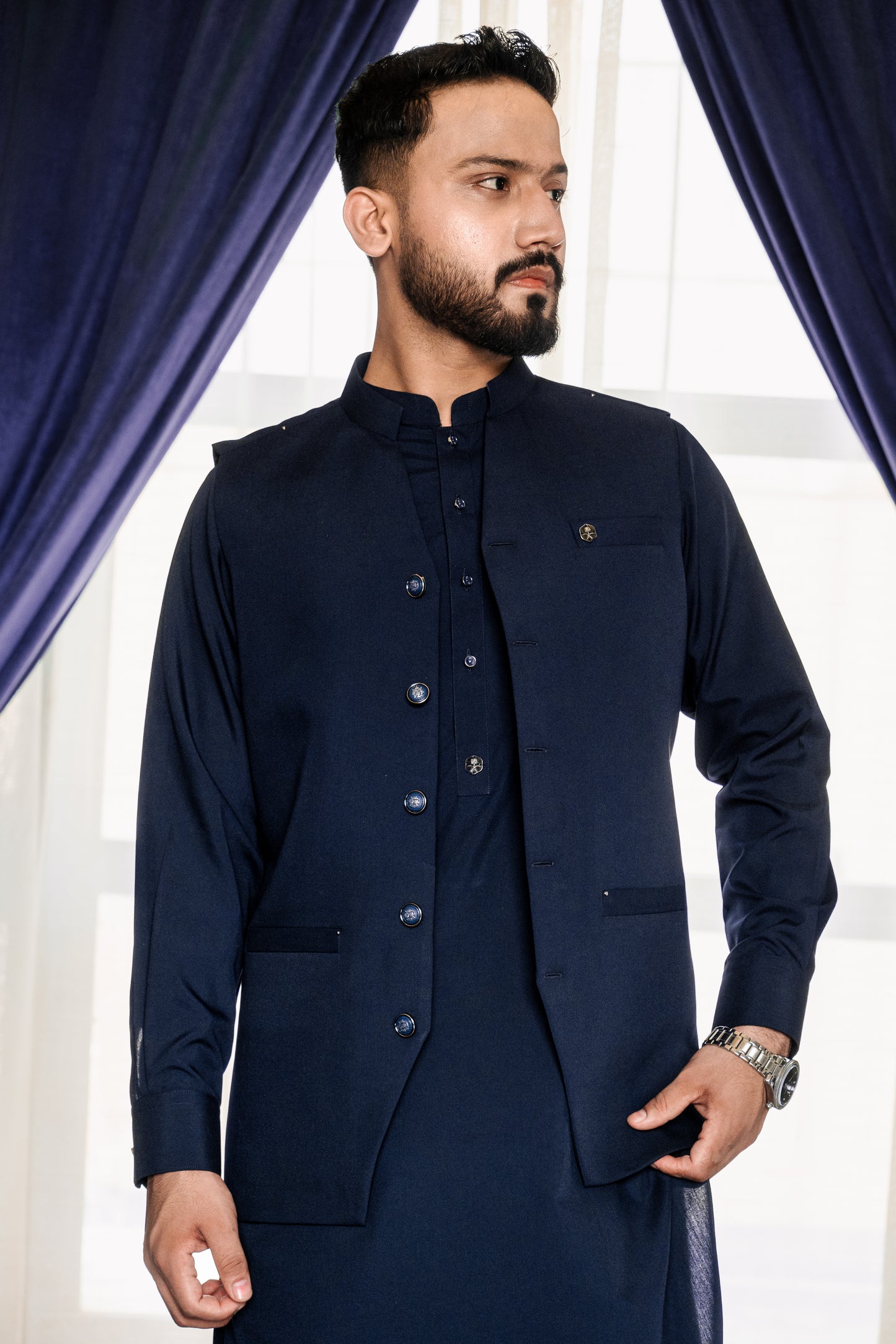 Blue waistcoat + kameez shalwar dress with decent design