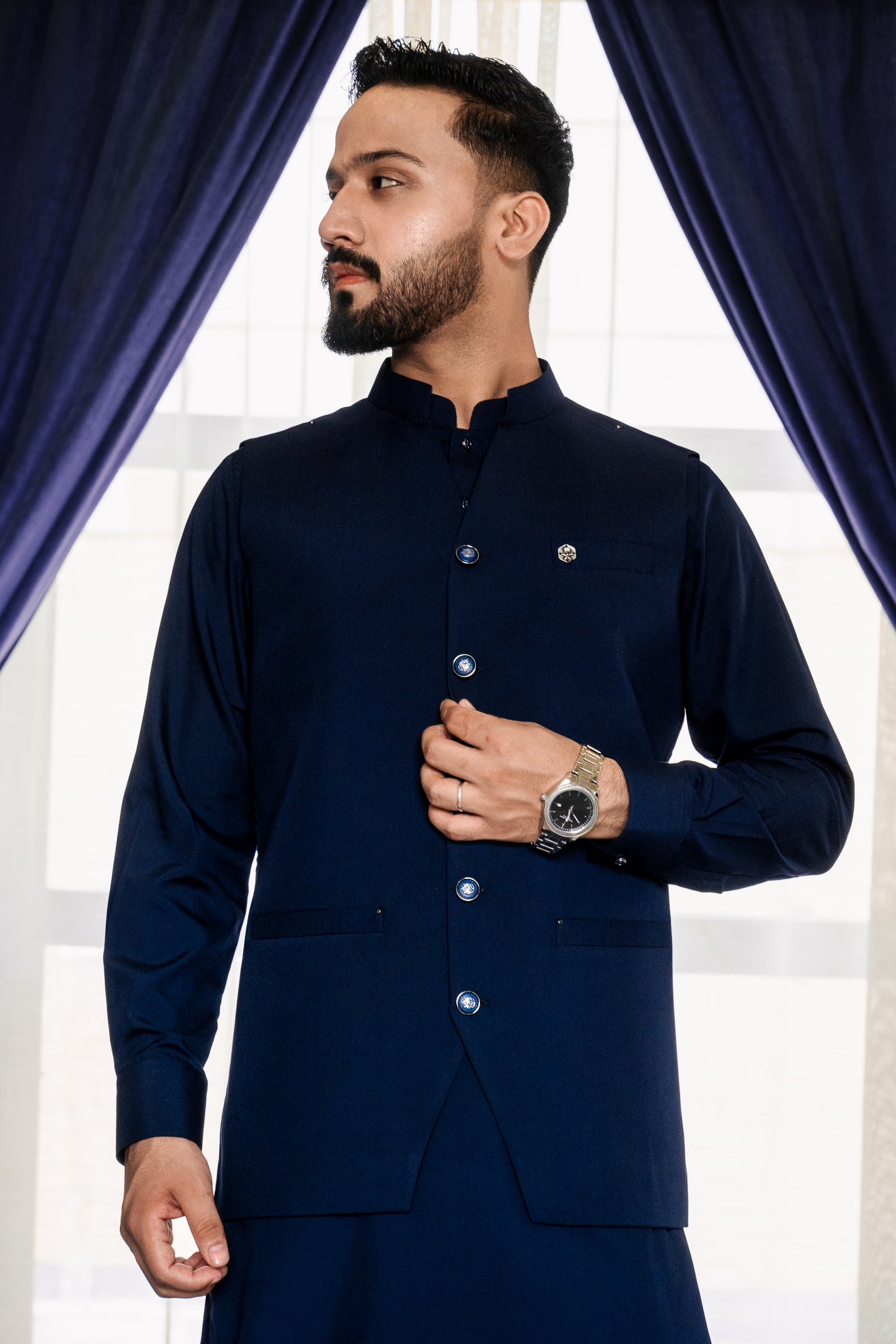 Blue waistcoat + kameez shalwar dress with decent design