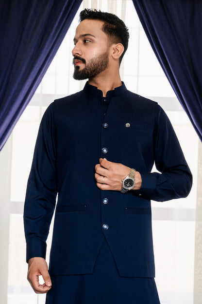 Blue waistcoat + kameez shalwar dress with decent design
