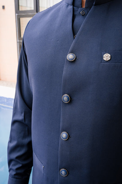 Blue waistcoat + kameez shalwar dress with decent design