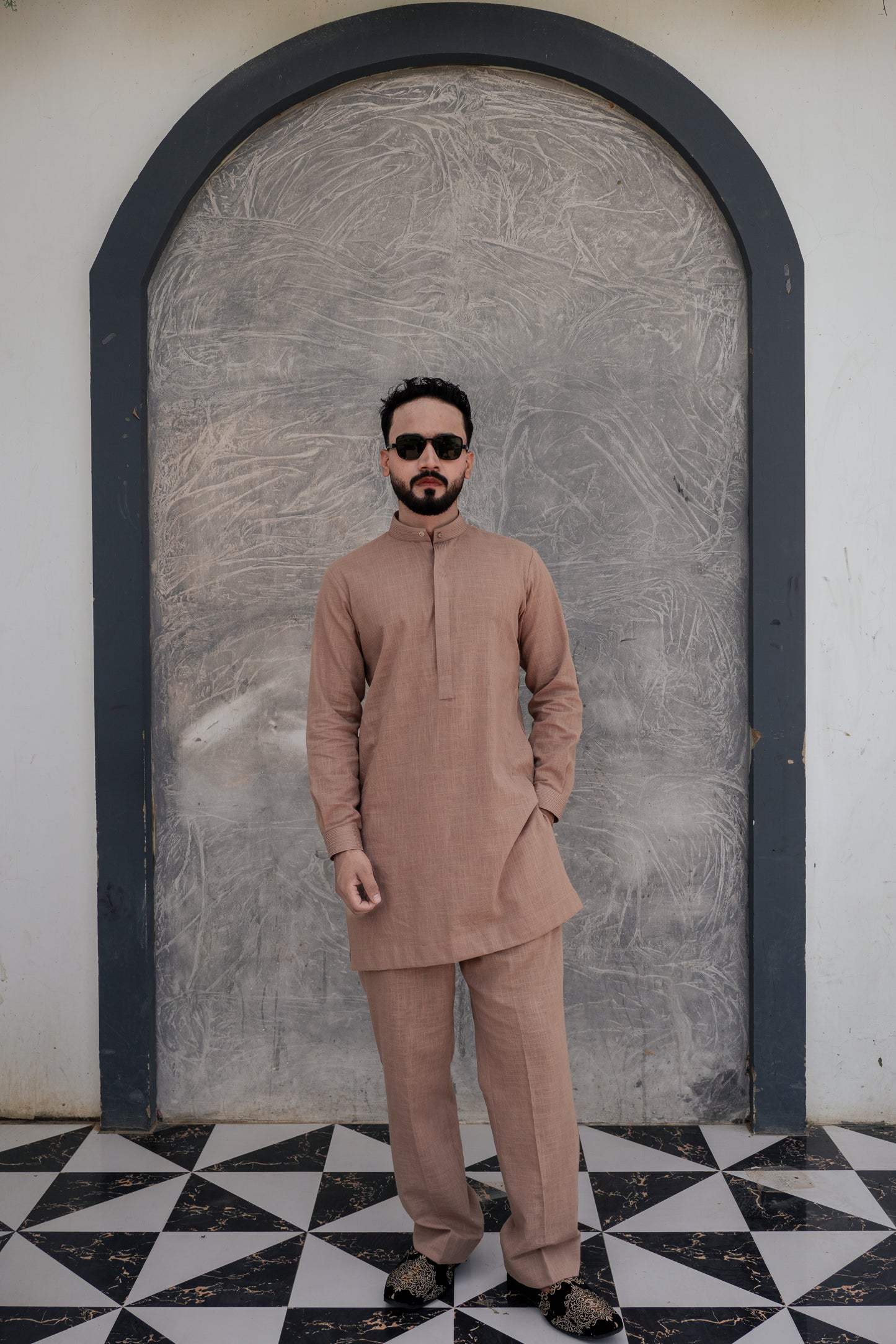 Peach coloured traditional aairish linen kurta pajama design