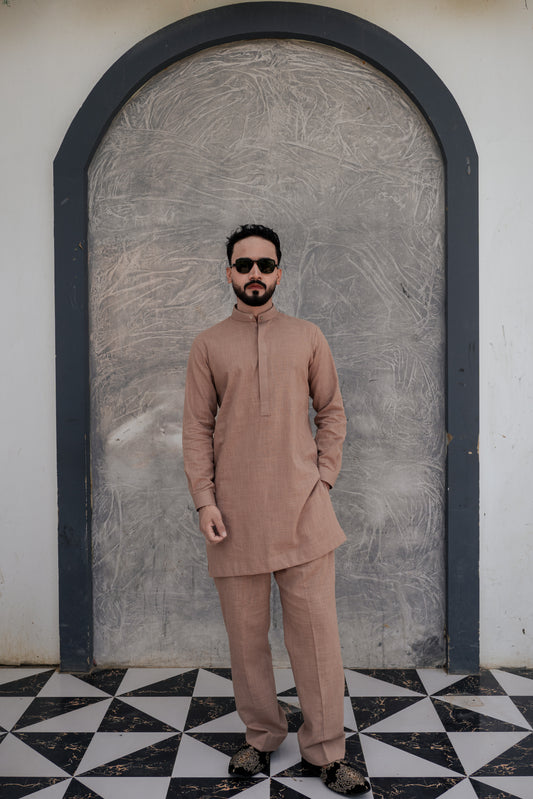 Peach coloured traditional aairish linen kurta pajama design