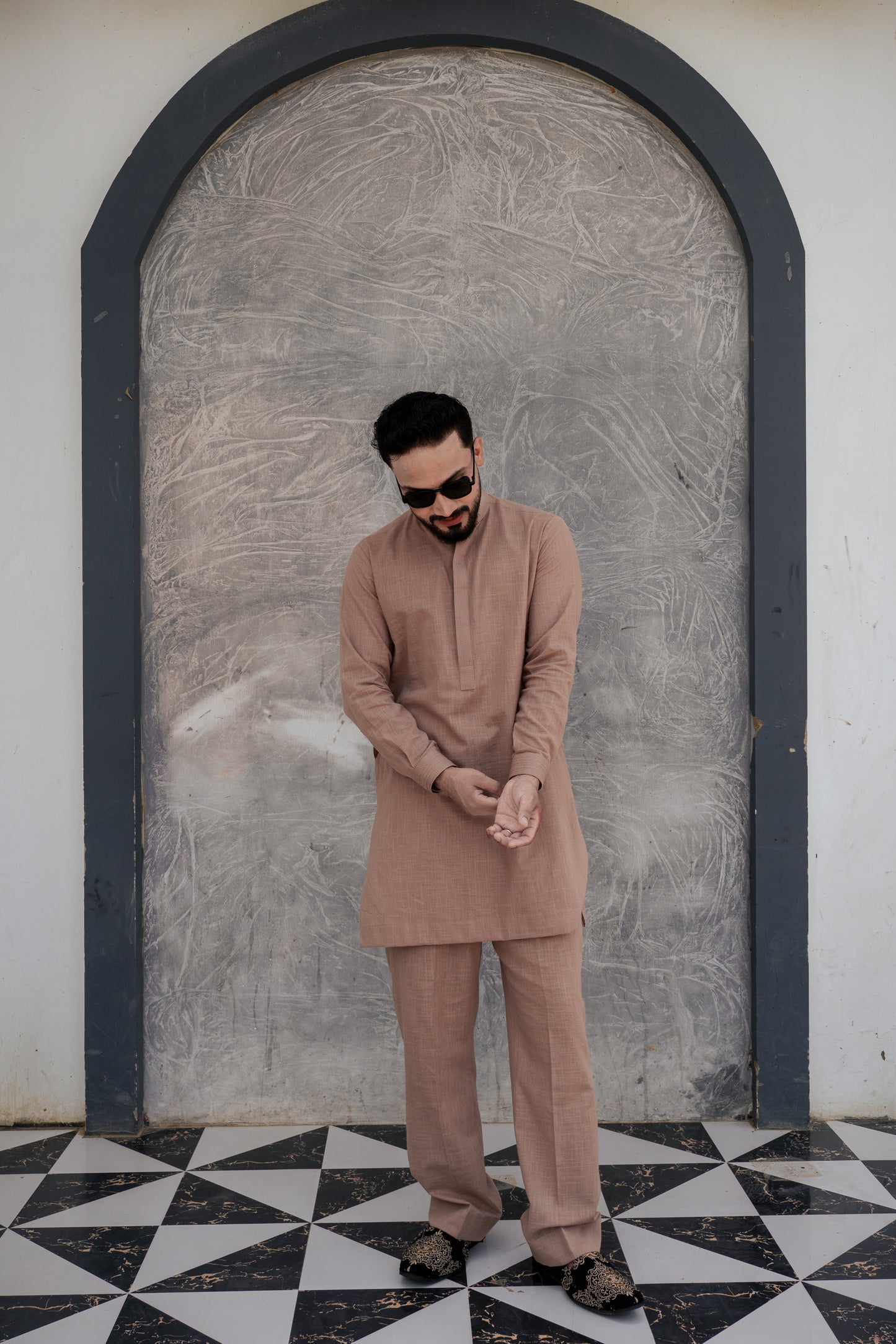 Peach coloured traditional aairish linen kurta pajama design