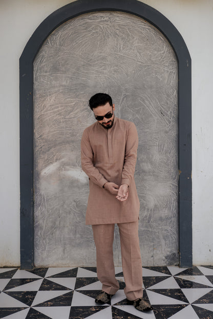 Peach coloured traditional aairish linen kurta pajama design