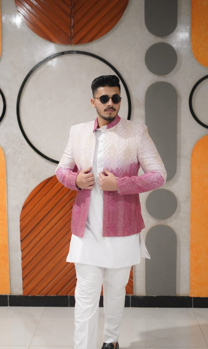 Ombre pink/ blush to white with sparkle full heavy embroidary suit
