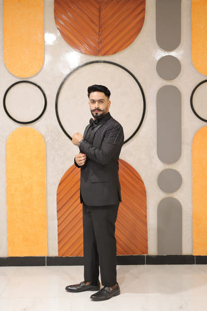 Full tuxedo hand embroidary jet black 4 piece suit