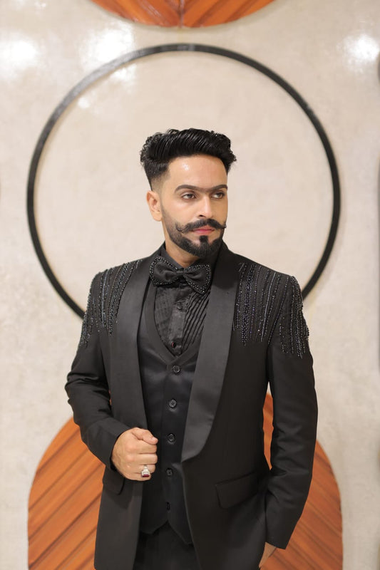 Full tuxedo hand embroidary jet black 4 piece suit