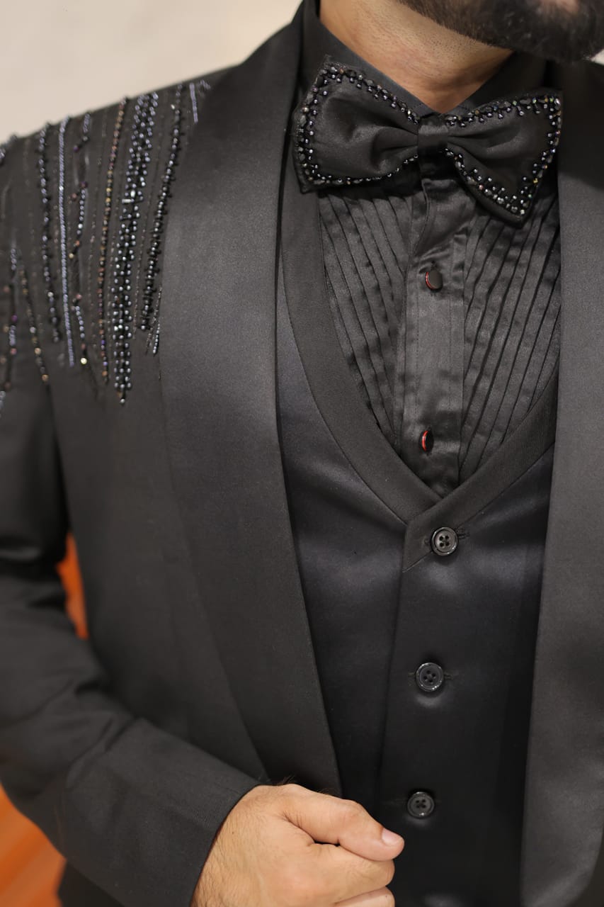 Full tuxedo hand embroidary jet black 4 piece suit