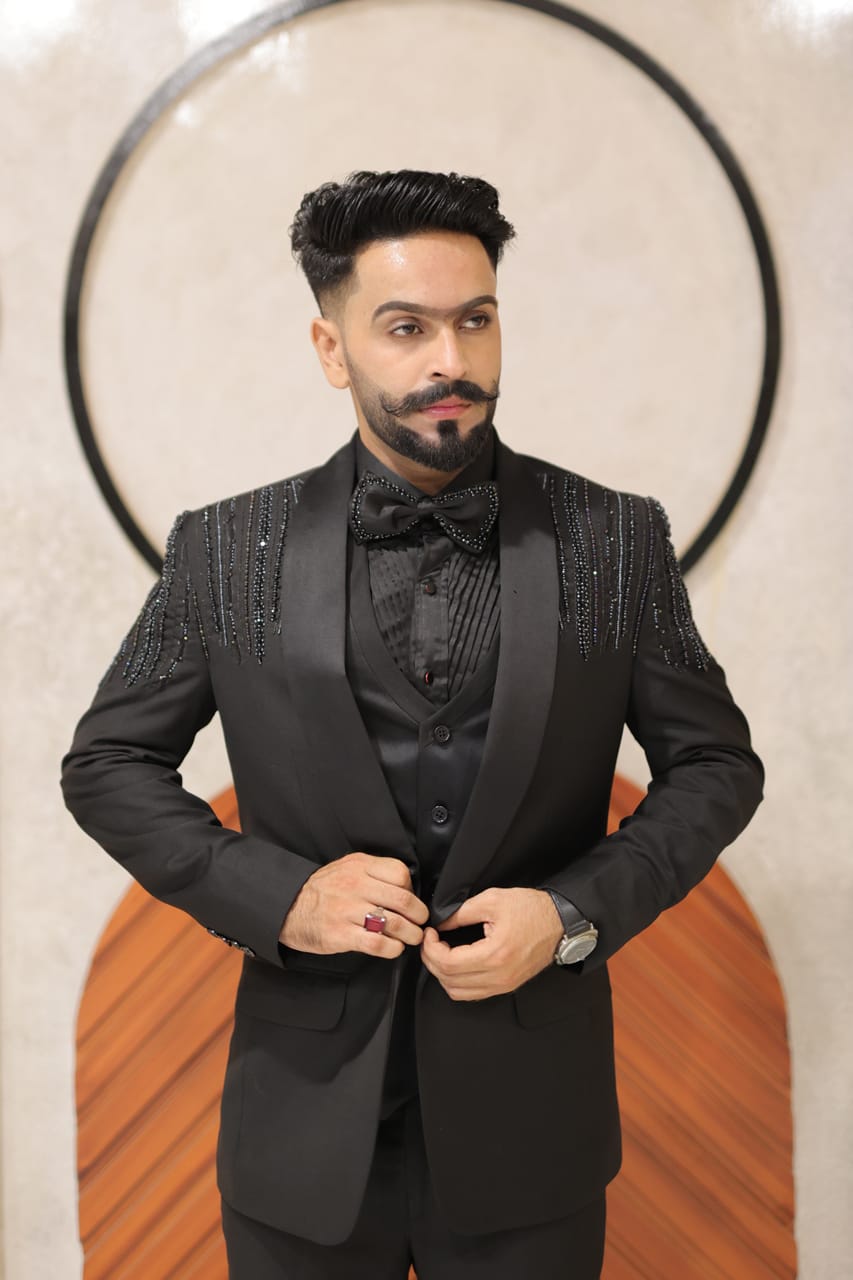 Full tuxedo hand embroidary jet black 4 piece suit