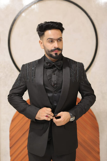 Full tuxedo hand embroidary jet black 4 piece suit