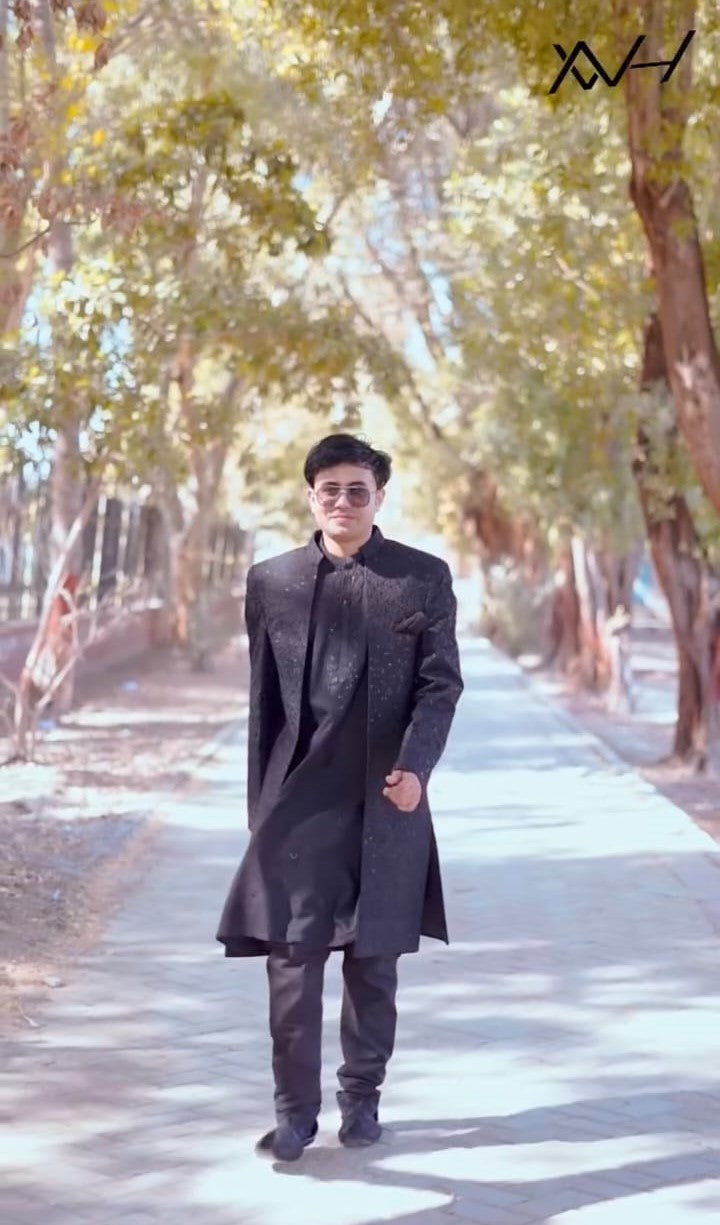 Black patterned sequence Embroidary fabric sherwani front open with kurta trouser
