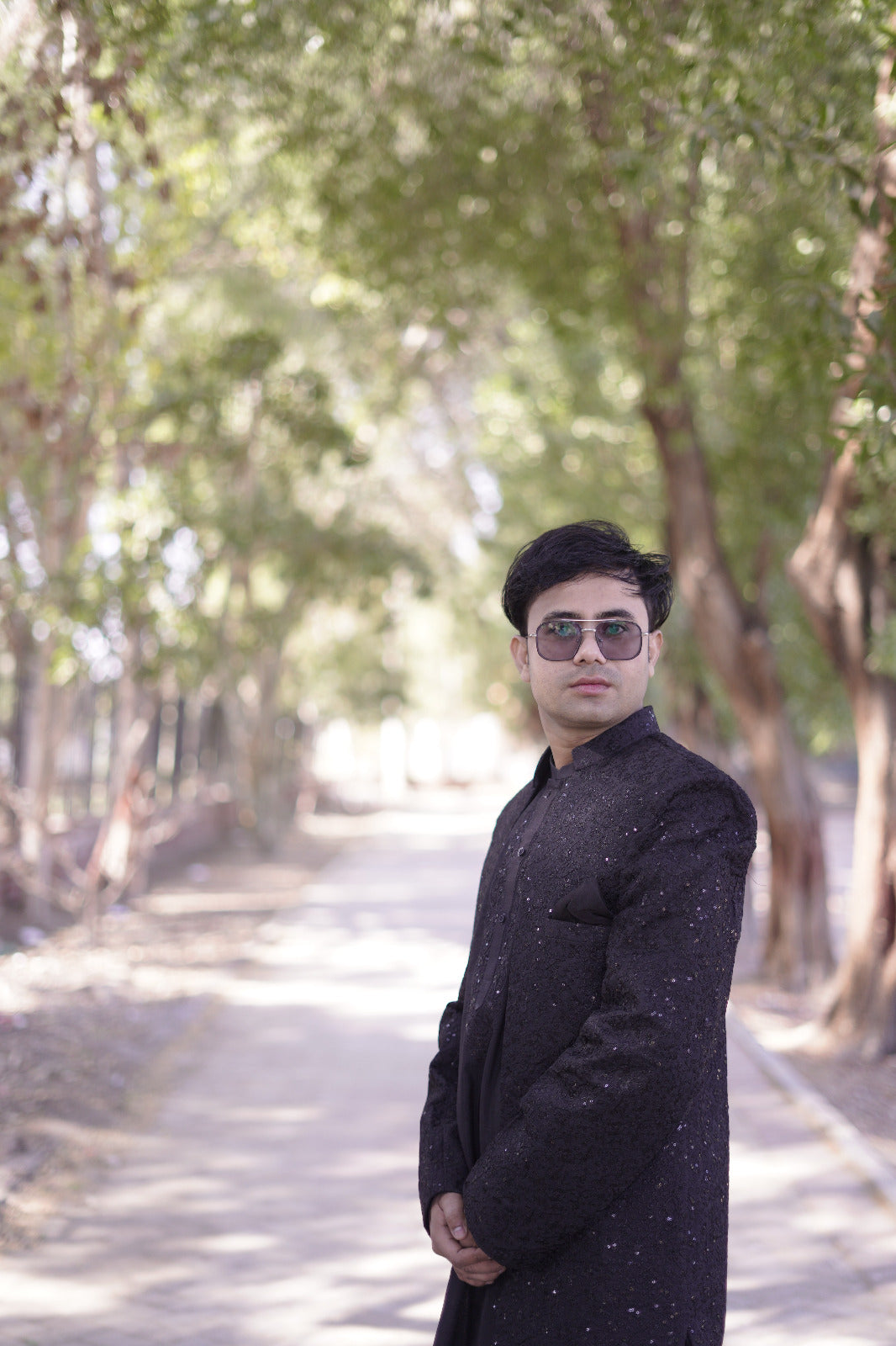 Black patterned sequence Embroidary fabric sherwani front open with kurta trouser