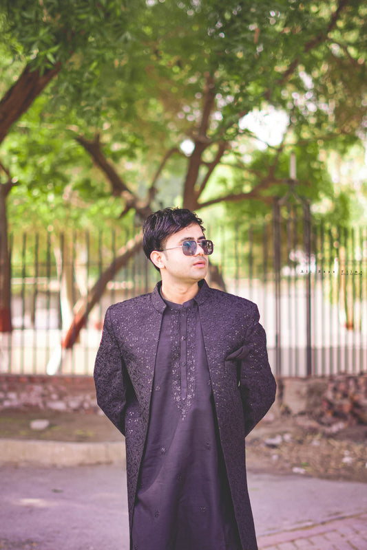 Black patterned sequence Embroidary fabric sherwani front open with kurta trouser