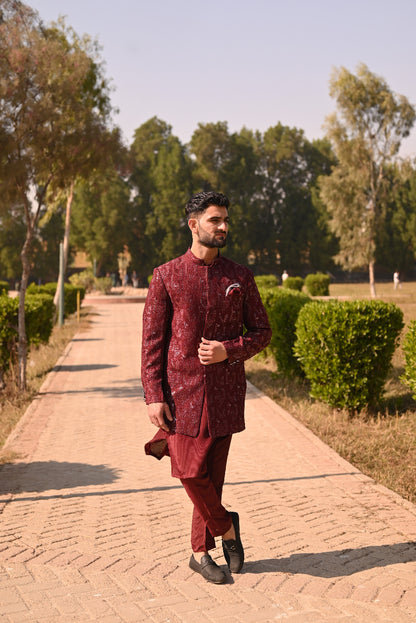 Deep Maroon Sequece Embroidary sherwani + kurta set