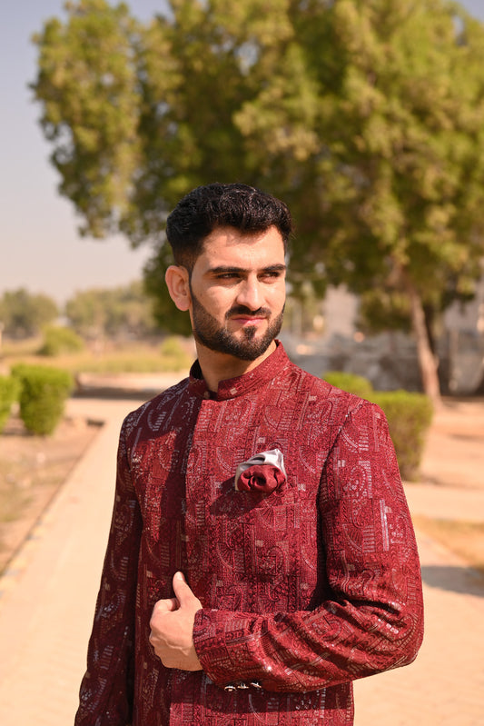 Deep Maroon Sequece Embroidary sherwani + kurta set