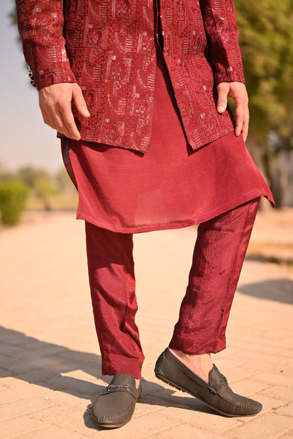 Deep Maroon Sequece Embroidary sherwani + kurta set