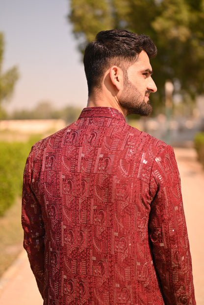 Deep Maroon Sequece Embroidary sherwani + kurta set