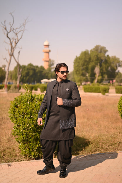 Black hand embroidary front open prince coat with loop button style kurta and shalwar
