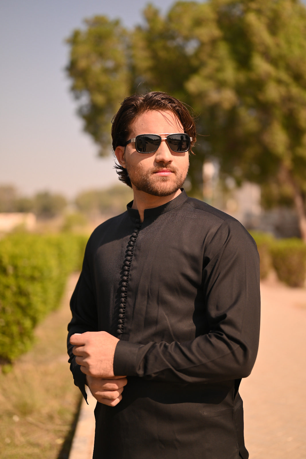Black hand embroidary front open prince coat with loop button style kurta and shalwar