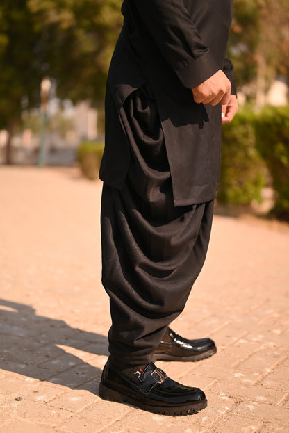 Black hand embroidary front open prince coat with loop button style kurta and shalwar