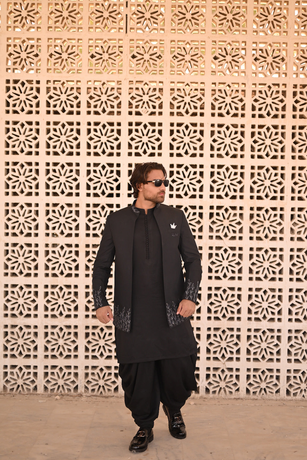 Black hand embroidary front open prince coat with loop button style kurta and shalwar