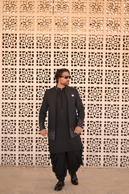 Black hand embroidary front open prince coat with loop button style kurta and shalwar