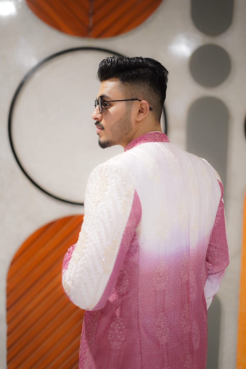 Ombre pink/ blush to white with sparkle full heavy embroidary suit