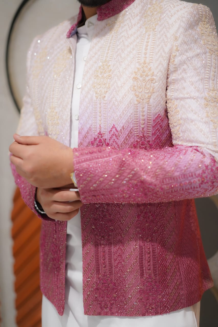 Ombre pink/ blush to white with sparkle full heavy embroidary suit