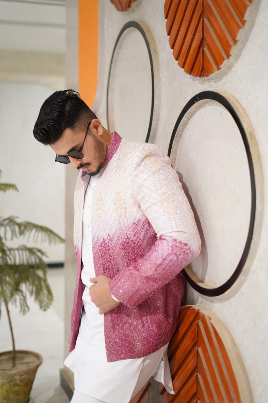 Ombre pink/ blush to white with sparkle full heavy embroidary suit