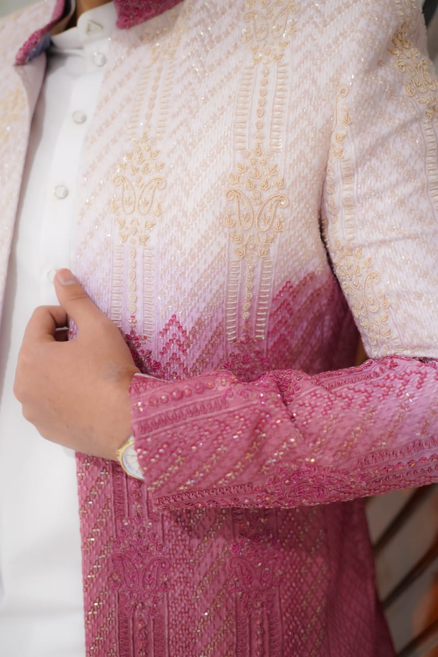 Ombre pink/ blush to white with sparkle full heavy embroidary suit