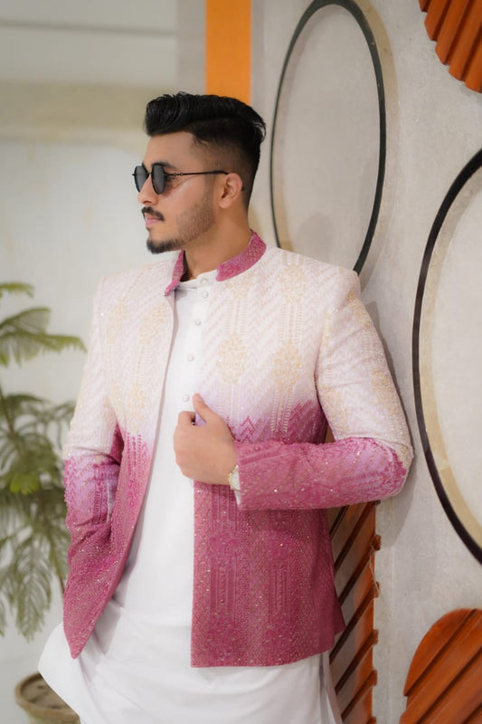 Ombre pink/ blush to white with sparkle full heavy embroidery suit