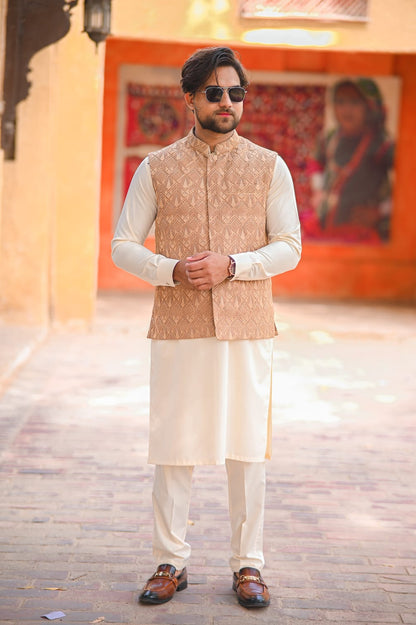 Cream kurta pajama and Biege gold patterned embroidery waist coat