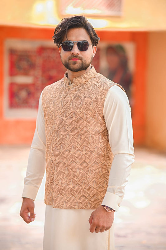 Cream kurta pajama and Biege gold patterned embroidery waist coat