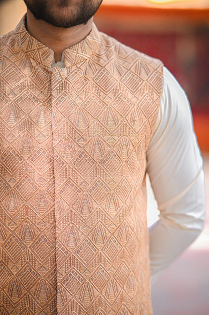 Cream kurta pajama and Biege gold patterned embroidery waist coat