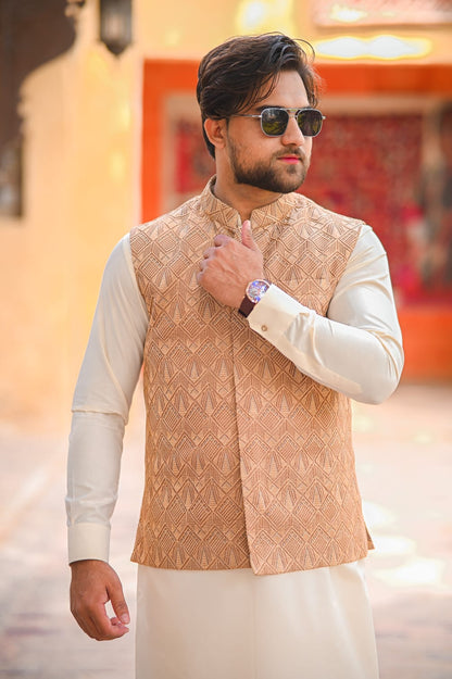 Cream kurta pajama and Biege gold patterned embroidery waist coat